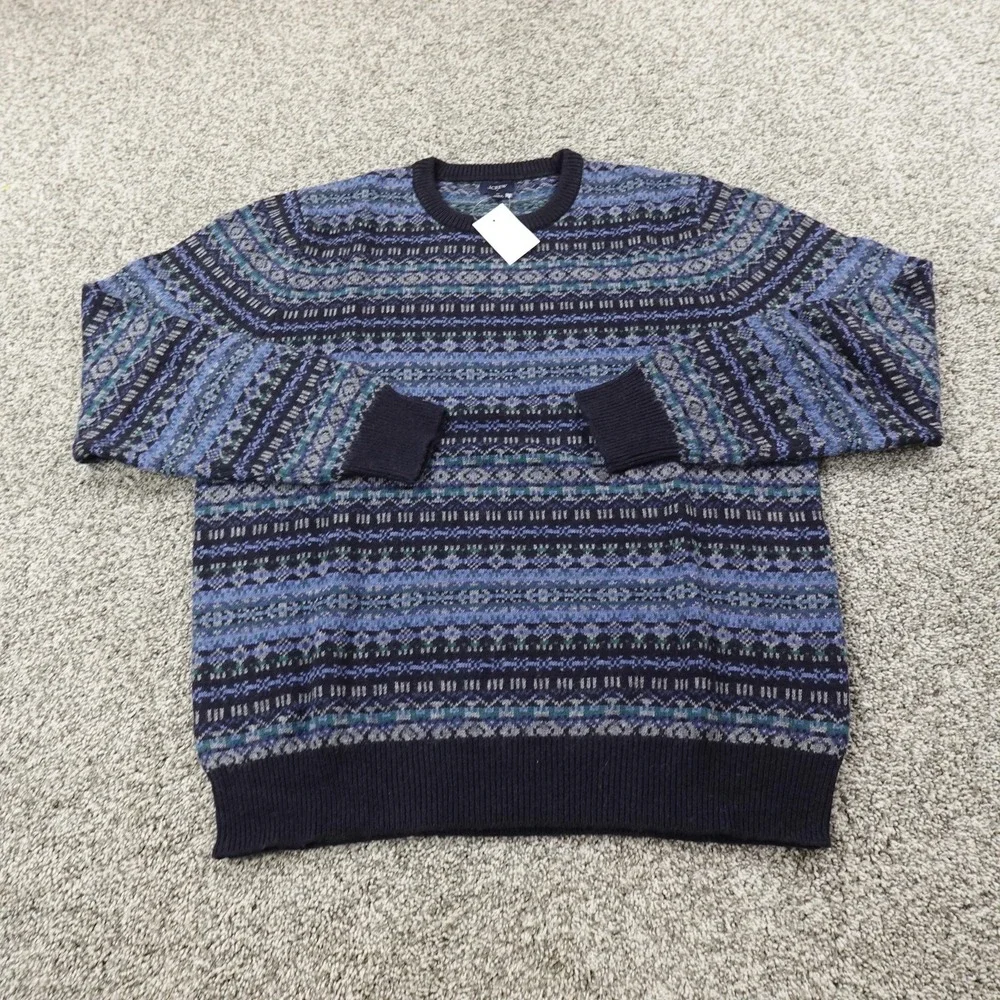 NEW J Crew Sweater Mens M Blue Nordic Fair Isle Lambswool Knit Crewneck Pullover